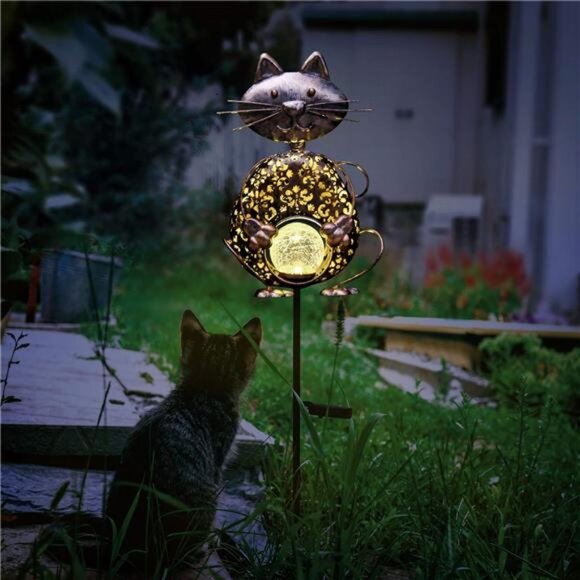 Garden Solar Lights Metal Cat Crackle Glass Globe Stake Lights, Waterproof - Picture 3 of 7